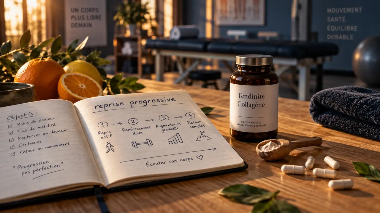 Complément alimentaire tendinite : flacon et capsules, reprise progressive