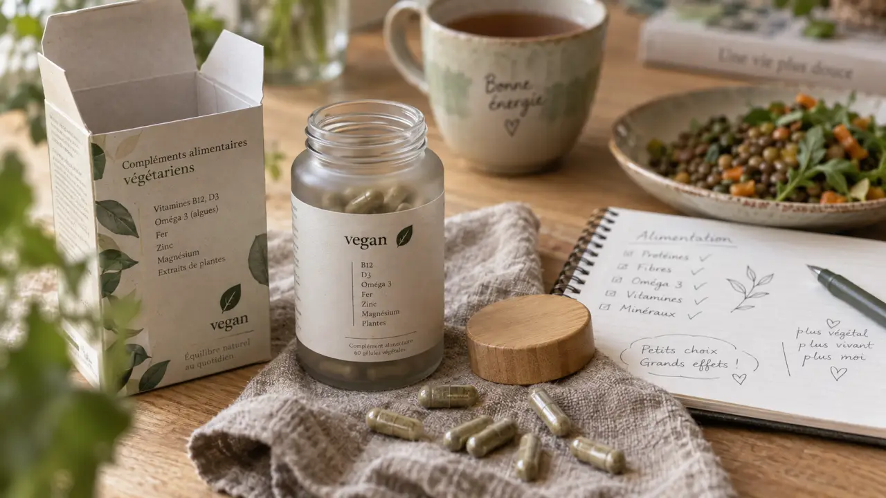 Complément alimentaire végétarien vitamine B12, gélules et flacon