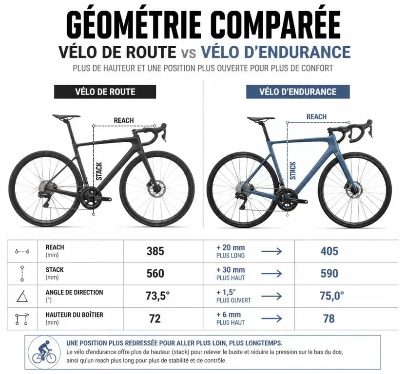 Schéma comparatif de la géométrie d'un vélo endurance versus un vélo de route classique