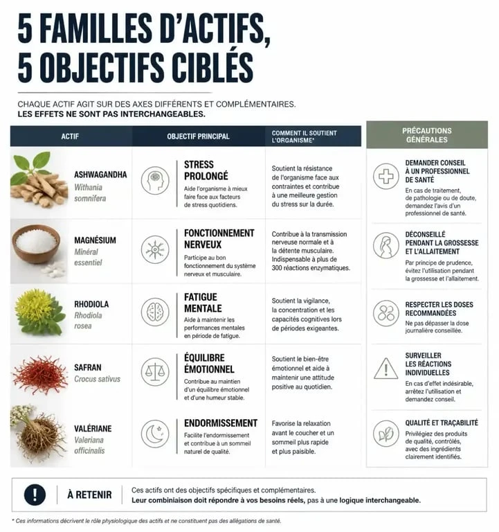 Infographie comparative des actifs d’un complément alimentaire pour baisser le cortisol selon le besoin