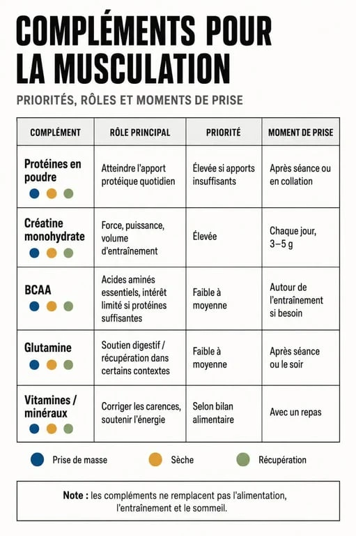 Complément alimentaire musculation : tableau comparatif des compléments par rôle, priorité et moment de prise