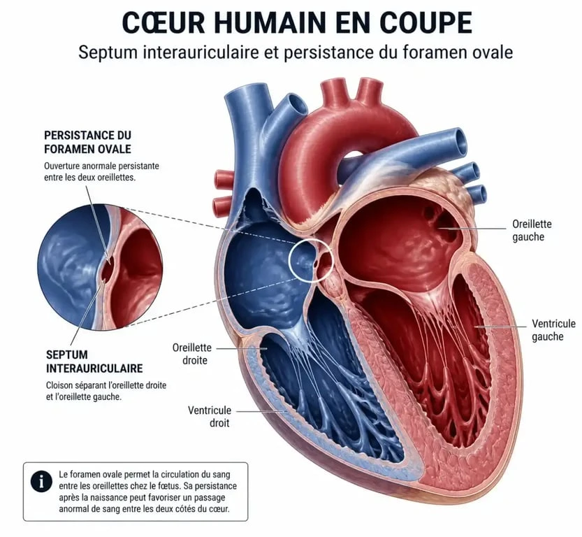 Schéma anatomique du foramen ovale perméable (FOP) dans le cœur
