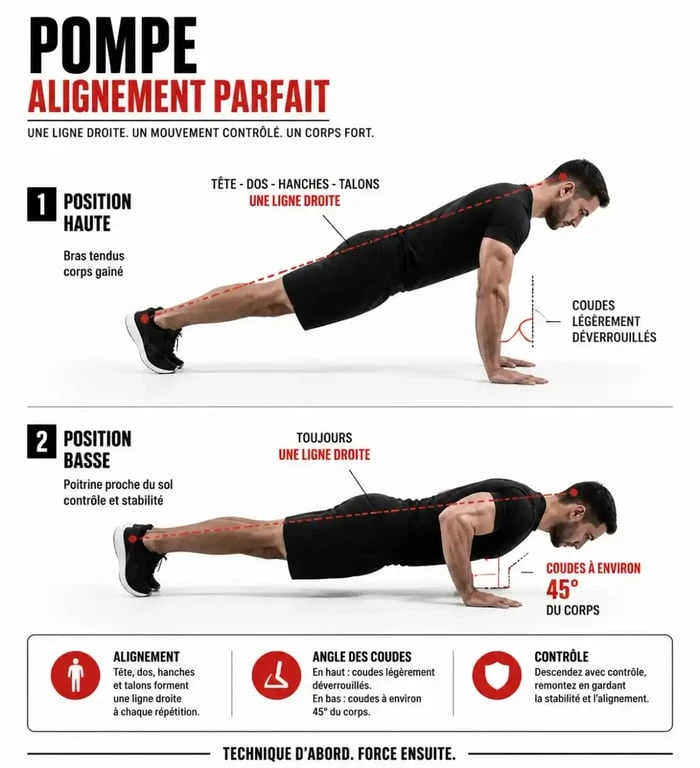 Illustration de la technique parfaite pour réaliser une pompe musculation