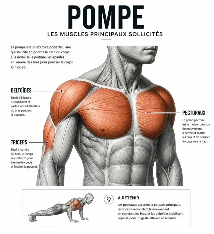 Schéma anatomique des muscles sollicités lors d'une pompe musculation
