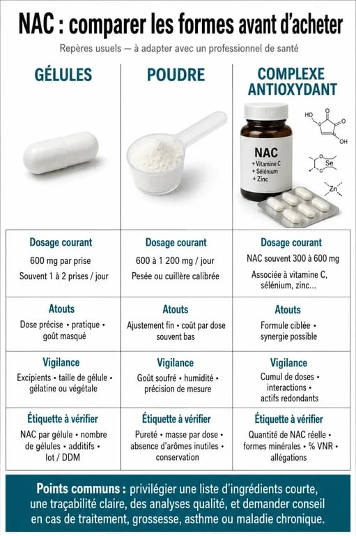 NAC complément alimentaire : comparatif des formes, dosage et précautions d’usage