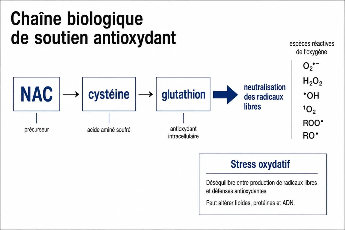NAC complément alimentaire : schéma NAC → cystéine → glutathion et rôle face au stress oxydatif