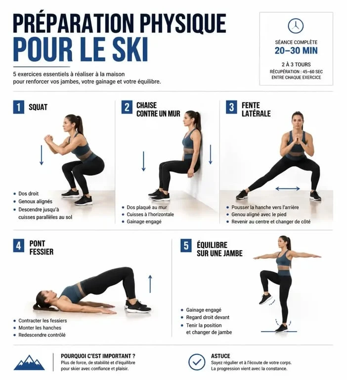 Exercices de ski préparation physique avec squat, chaise, fente latérale et équilibre