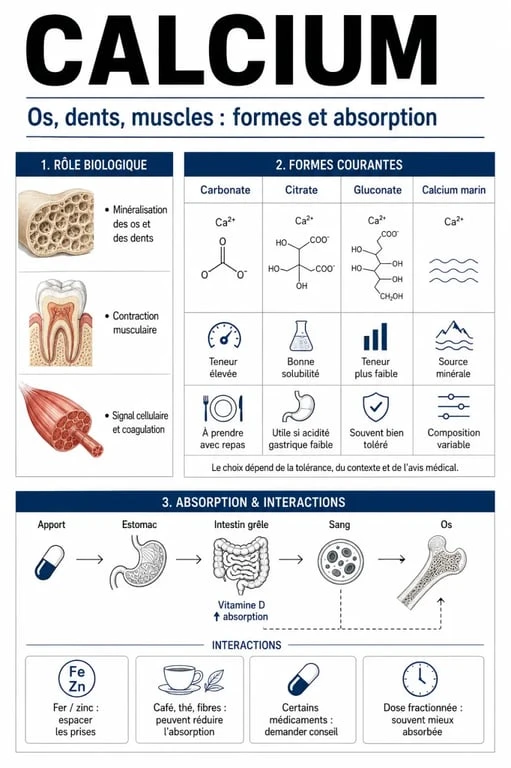 Schéma du complément alimentaire calcium, ses formes et son absorption
