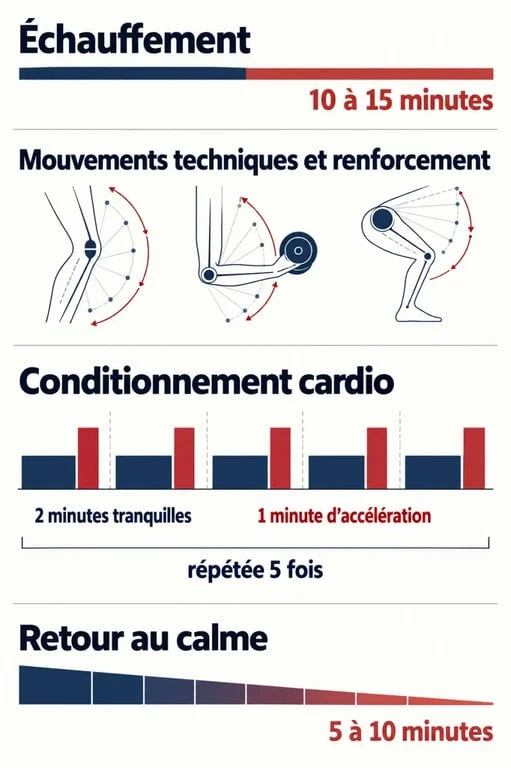 Infographie sur la structure d’une séance d’entraînement physique avec échauffement, renforcement, cardio et récupération
