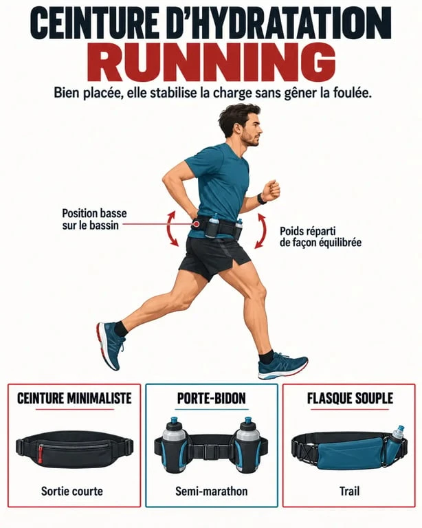 Infographie sur la ceinture hydratation running, le réglage et le choix entre porte-bidon et flasque souple