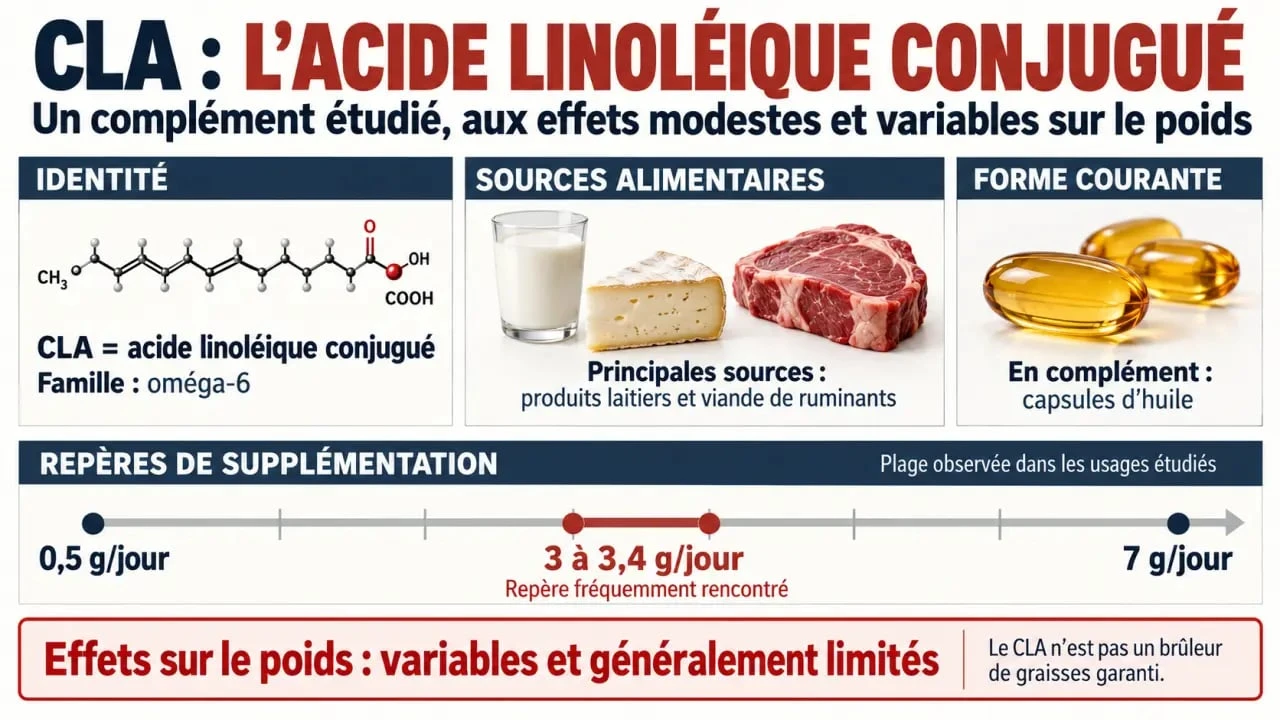 Infographie sur le CLA complément alimentaire, ses sources alimentaires, ses formes et ses repères de dosage