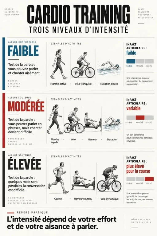 Infographie sur le cardio training fitness, les niveaux d’intensité et les activités adaptées