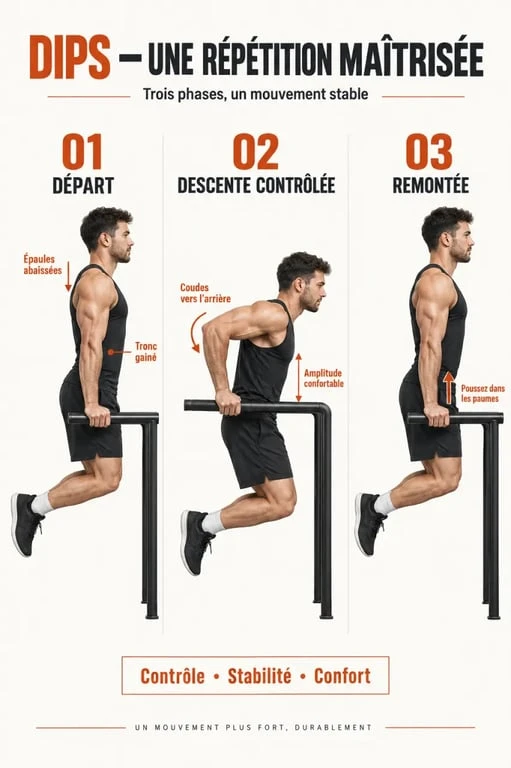 Illustration des étapes d'une répétition de dips musculation sur barres parallèles