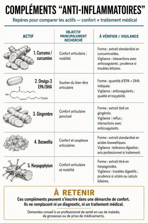 Infographie sur les compléments alimentaires anti-inflammatoires et leurs précautions
