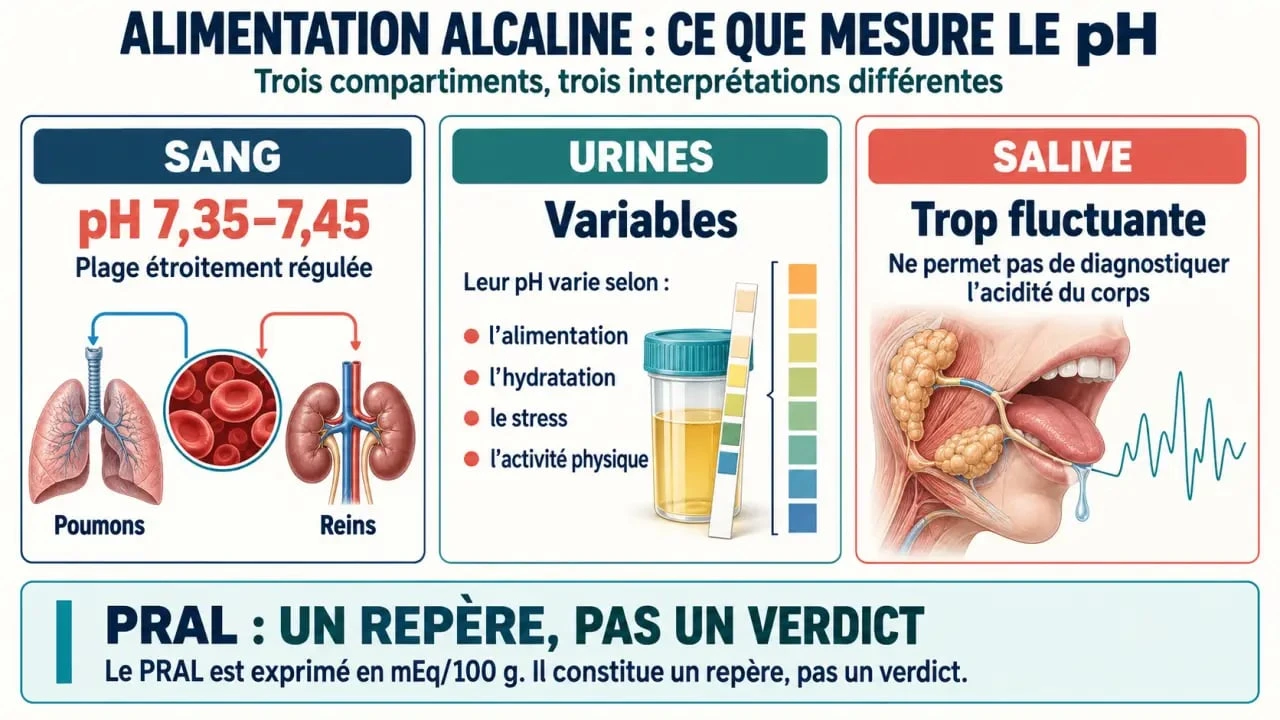 Infographie sur l’alimentation alcaline distinguant le pH sanguin, urinaire et salivaire