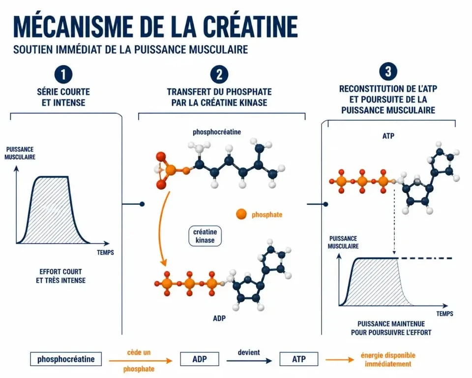 Créatine pour musculation : schéma du rôle de la phosphocréatine dans la régénération de l’ATP