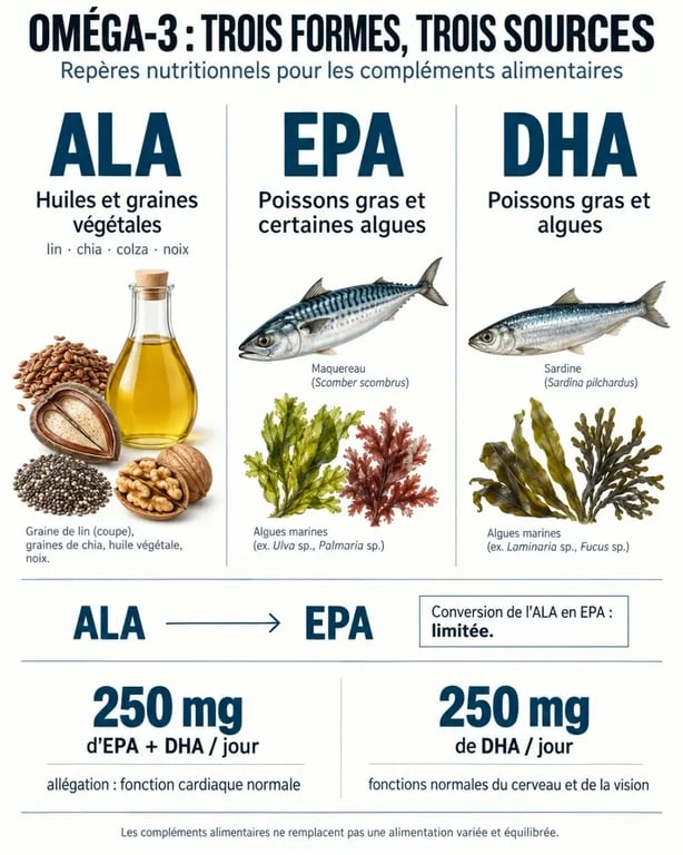 Infographie sur le complément alimentaire oméga-3 : différences entre ALA, EPA et DHA et repères de dosage