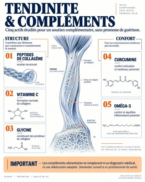Complément alimentaire tendinite : rôles potentiels du collagène, de la vitamine C, de la curcumine et des oméga-3