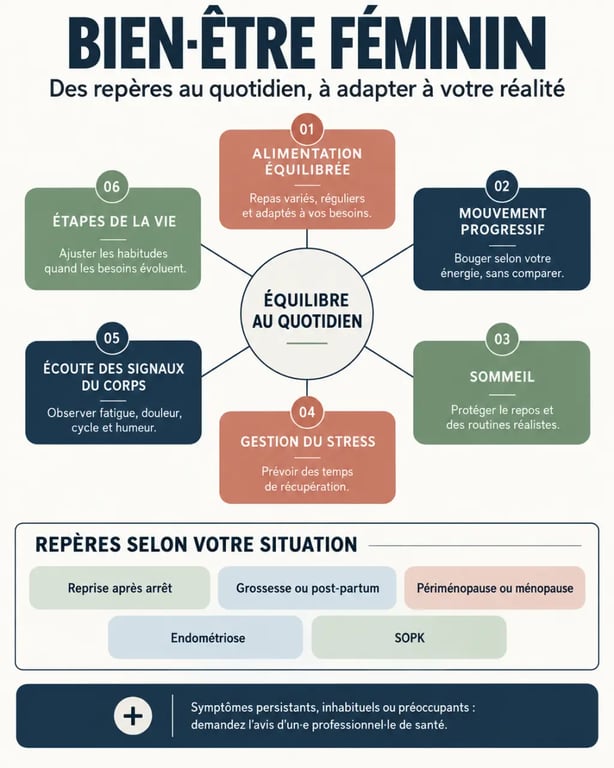 Infographie sur le bien-être féminin au quotidien : nutrition, sport, sommeil et équilibre de vie