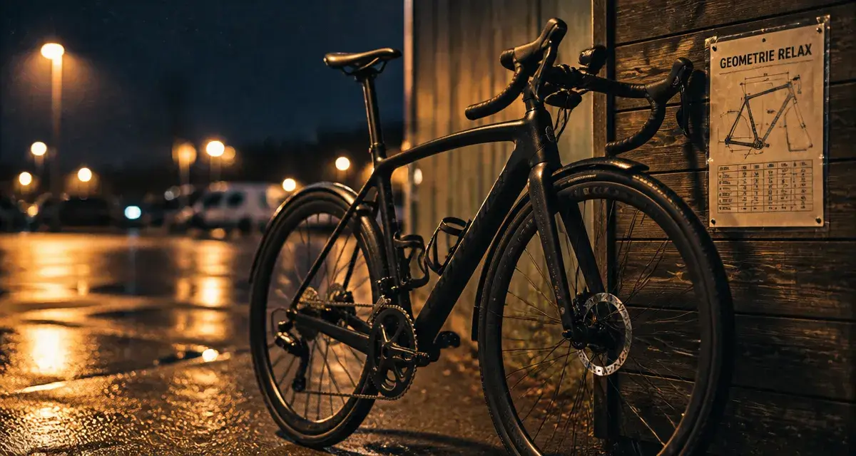 Velo endurance géométrie relax sur route mouillée, vélo carbone et pneus tubeless