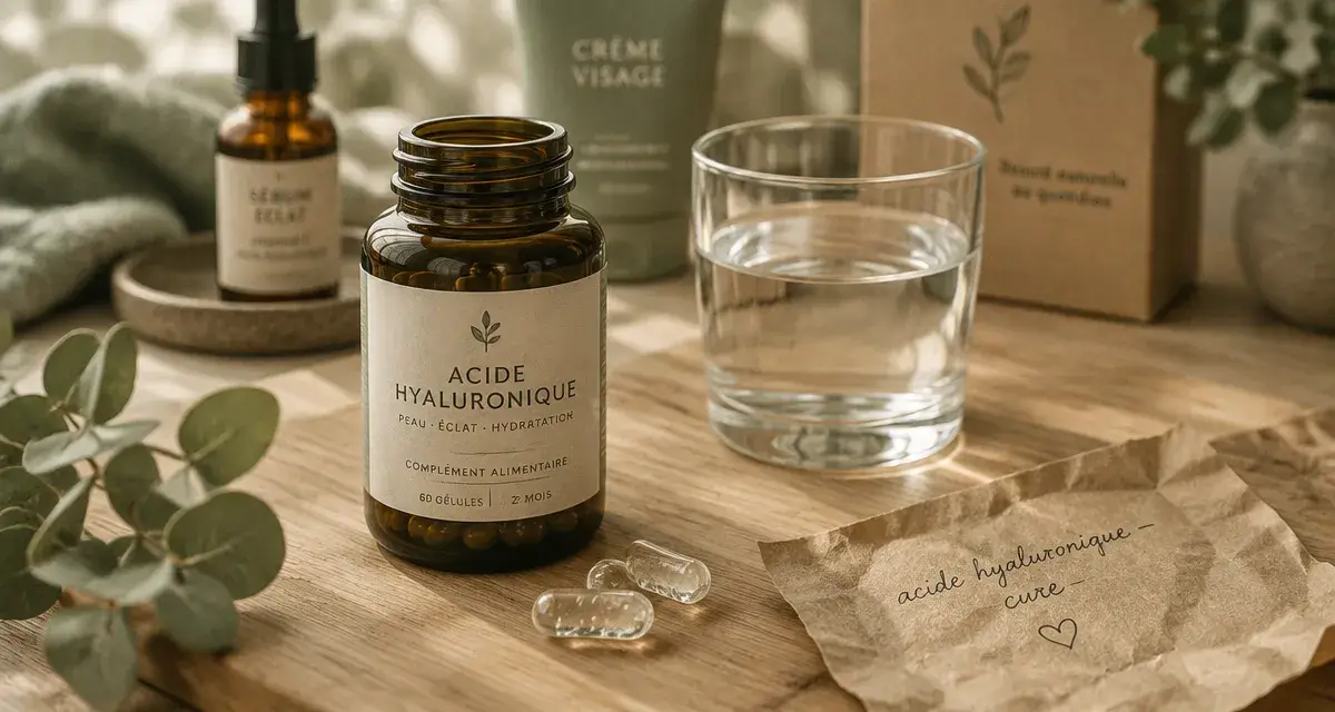 Acide hyaluronique complément alimentaire, flacon et gélules