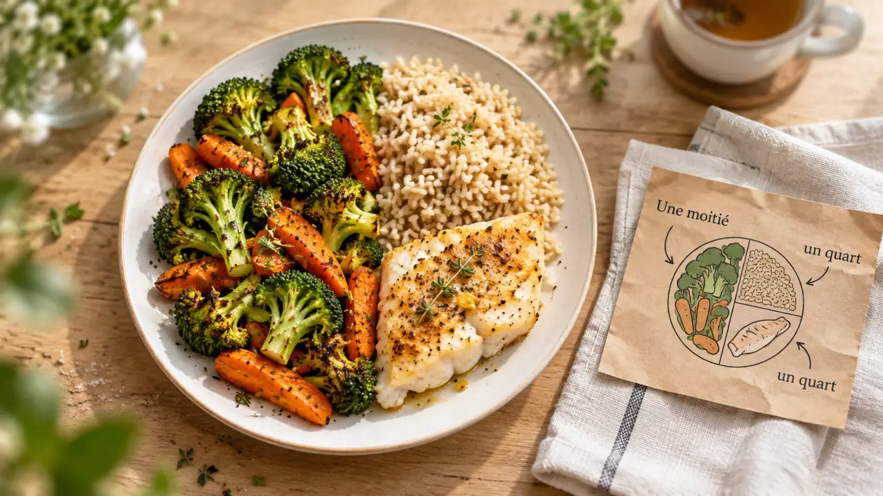 Alimentation diabetique : assiette équilibrée avec féculents, légumes et poisson