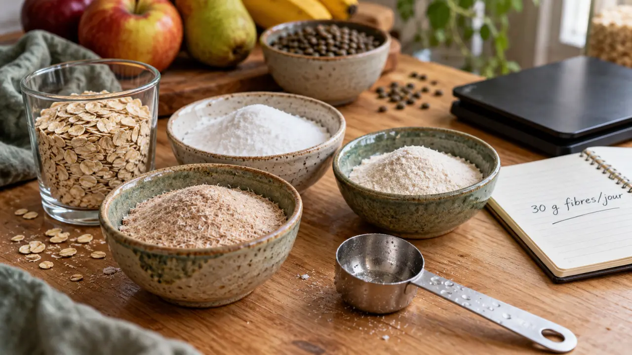 Complément fibre alimentaire : psyllium et inuline pour le transit, poudres en bols