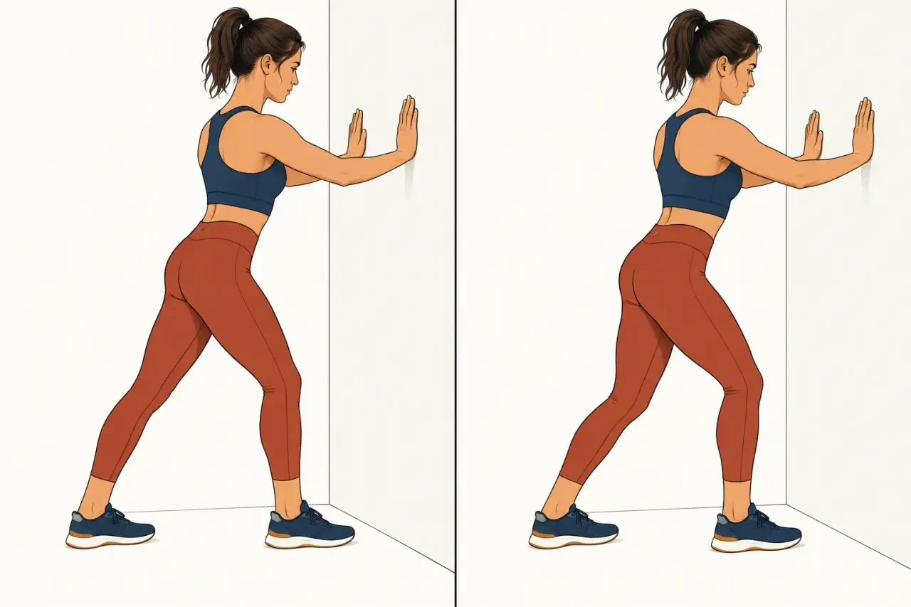 Étirements mollets face au mur avec jambe tendue et genou fléchi