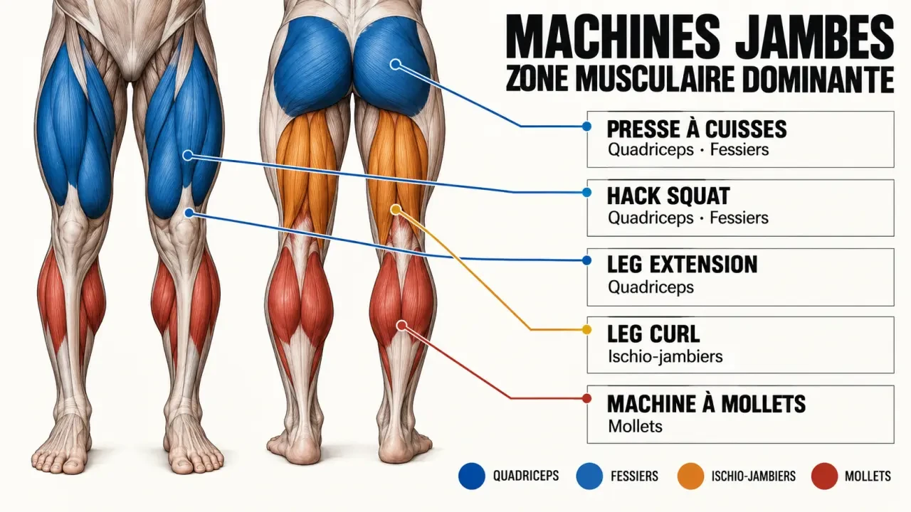 Machine musculation jambe : muscles sollicités par la presse, le hack squat, le leg extension et le leg curl
