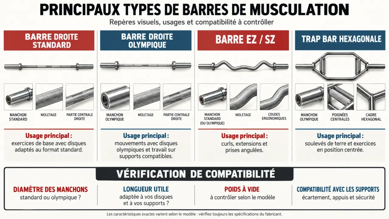Infographie sur les types de barre de musculation et leur compatibilité avec les disques et les supports