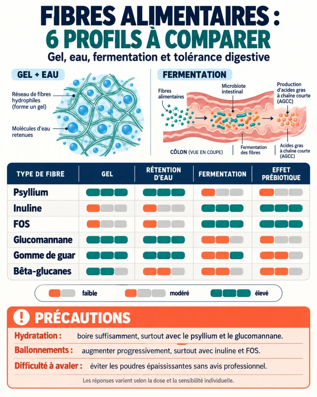 Infographie comparative sur le complément fibre alimentaire, le psyllium, l'inuline et les autres fibres
