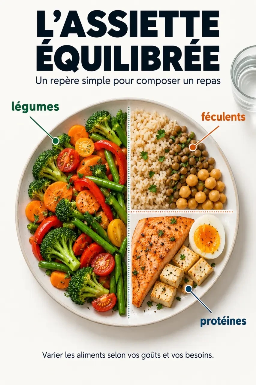 Infographie sur l’alimentation diabétique avec une assiette composée de légumes, féculents et protéines