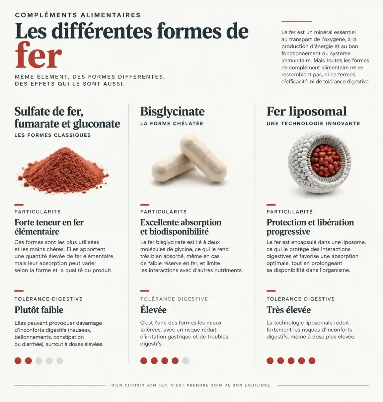 Comparaison des formes de complément alimentaire fer : sulfate, bisglycinate et fer liposomal selon leur tolérance digestive