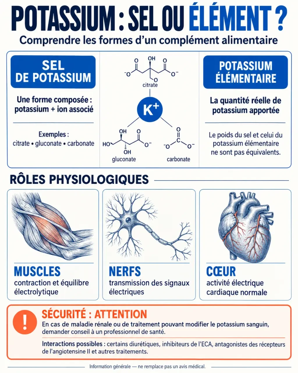 Infographie sur le complément alimentaire potassium, ses formes, le potassium élémentaire et les précautions de sécurité