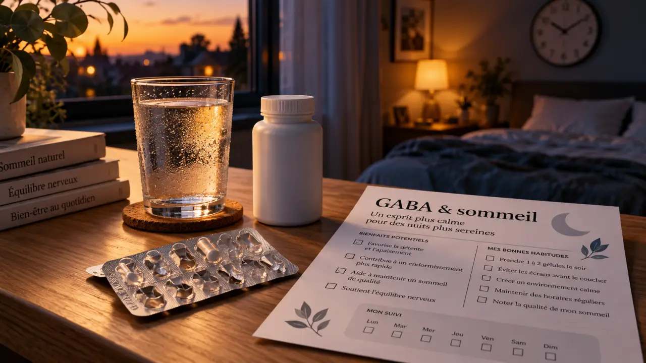 GABA complément alimentaire, capsules et fiche sommeil sur table