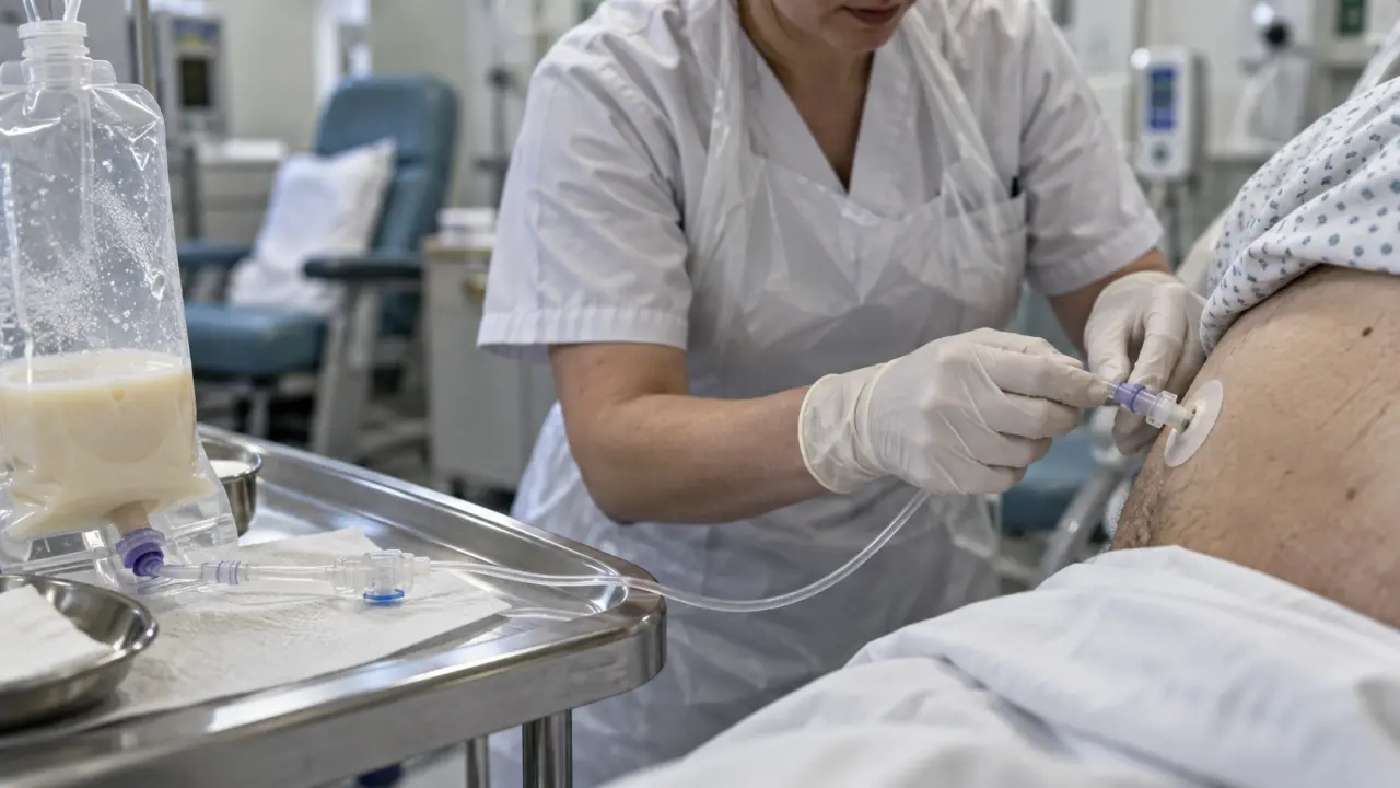 Nutrition entérale : tubulure et sonde d’alimentation en soins