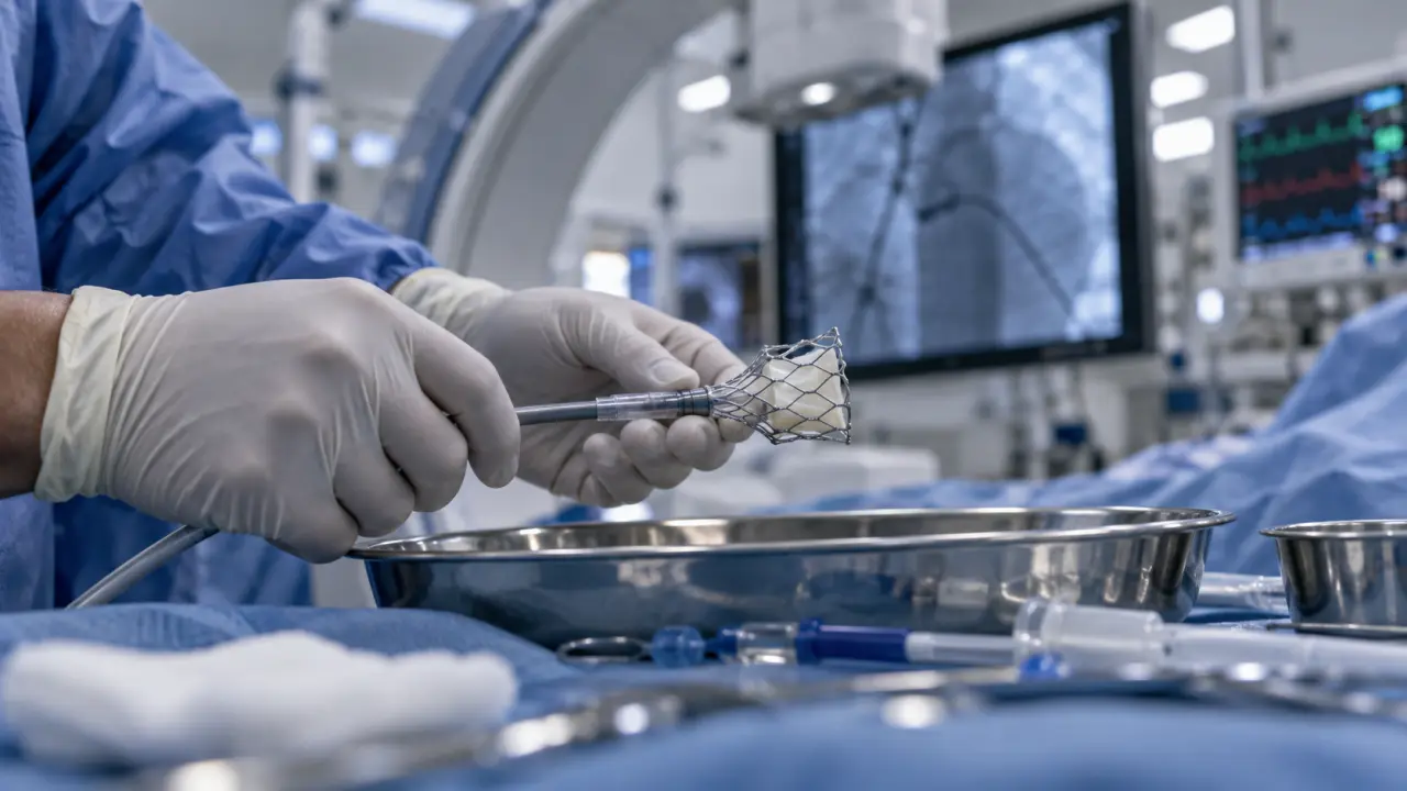 TAVI cardio : cathéter et valve aortique en salle d’angiographie